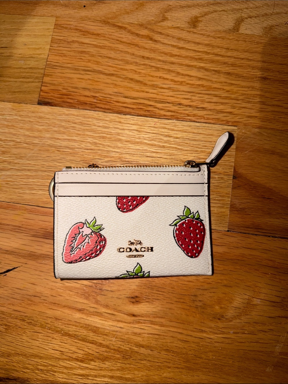 Coach White Strawberry Print Zip Card Case